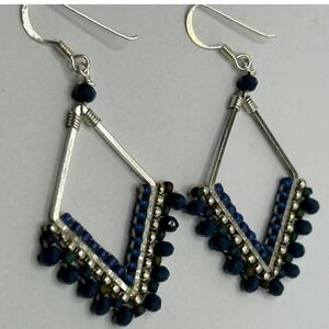 Blue beaded dangle earrings Boho Tribal Silver tone Statement